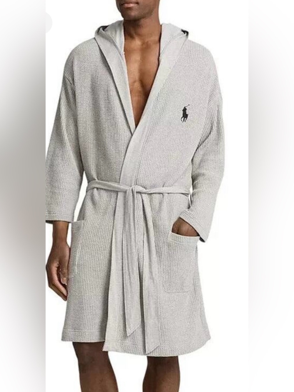Polo by Ralph Lauren Light Gray Hooded Thermal Knit Waffle Belted Robe-NEW